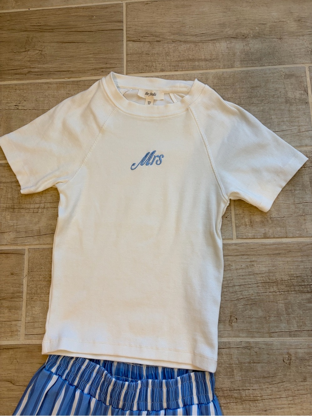 Anthropologie White Tee with Light Blue 'Mrs' Embroidery - Picture 1 of 3